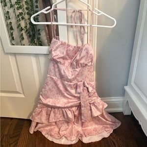 SHEIN Pink Privé Floral Print Ruffle Hem Halter Neck Belted Dress